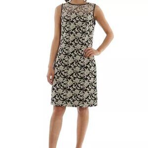 Lauren Womens Size 12 Knee Length Round Neck Dress Ivory Black Cocktail MOTB NEW